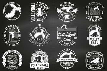 Set of Volleyball club badge, logo design on chalkboard. Vector . For college league sport club, summer camp emblem, sign, logo. Vintage monochrome label, sticker, patch with volleyball ball, player