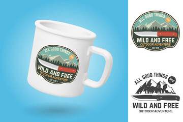 Naklejka na ściany i meble White camping cup. Realistic mug mockup template with sample design. All good things are wild and free. Summer camp badge. Vector. Design with knife, mountains, deer and forest silhouette