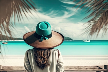 Fototapeta na wymiar Back view of woman in hat standing on sand beach and looking at sea. Summer beach vacation and relaxing in tropical landscape. Created with Generative AI
