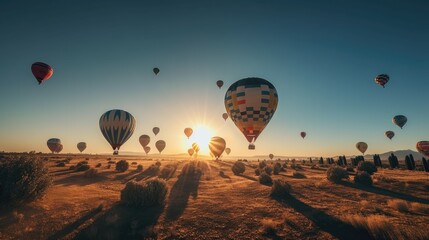 Landscape sunrise with set colorful hot air balloon fly in sky with sunlight. Generative AI	