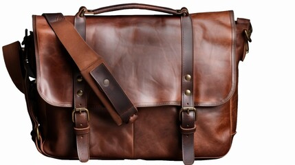 Brown leather messenger bag on white background. Generative AI - obrazy, fototapety, plakaty