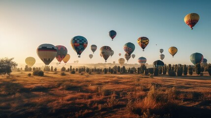 Landscape sunrise with set colorful hot air balloon fly in sky with sunlight. Generative AI	