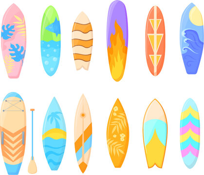 Bodyboards. Cartoon cool surfboards for bodyboarding, surf gear hawaii surfing, short long flower fish boards paddle summer tropical beach sea wave sport, neat vector illustration