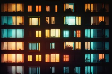 A Nighttime Symphony of Colorful Windows: A Closer Look at Urban Apartment Architecture, GENERATIVE AI