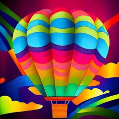 hot air balloon, colorful, graphic travel Illustration, ai generated and digitally redesigned and digitally hand painted with textures. 