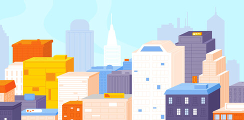 City roof skyscrapers view. Wall of big urban buildings, city town panorama top corporate apartment to skyline, downtown tower house condos background splendid vector illustration - obrazy, fototapety, plakaty