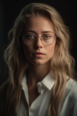 Attractive Young woman using eyeglasses wearing a white shirt looking at the camera. Generative AI	
