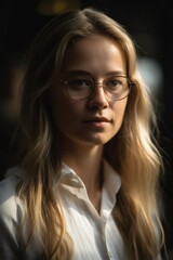Attractive Young woman using eyeglasses wearing a white shirt looking at the camera. Generative AI	