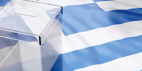 Transparent Ballot box on blue and white color Greece flag background. Above view. 3d render