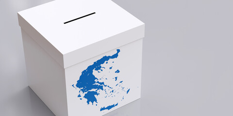 Election, blue Greece map at Voting white Box on purple background. Above view, space. 3d render