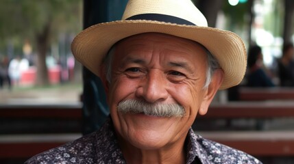 Smiling hispanic senior man looking at the camera. Generative AI	