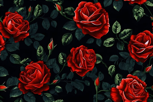 Floral seamless pattern with red rose flowers on black background. 