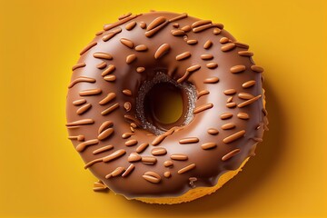 chocolate donut isolated on yellow background. Generative AI