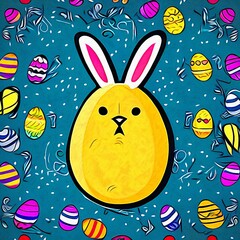 Easter, eggs ,bunny in center, background, ai generated, digitally redesigned and hand painted, textures, decoration, colorful, illustration, 