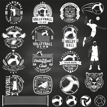 Set of Volleyball club badge, logo design on chalkboard. Vector . For college league sport club, summer camp emblem, sign, logo. Vintage monochrome label, sticker, patch with volleyball ball, player