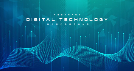 Digital technology banner green blue background concept, cyber technology circuit, abstract tech, innovation future data, internet network, Ai big data, futuristic wifi connection illustration concept - obrazy, fototapety, plakaty