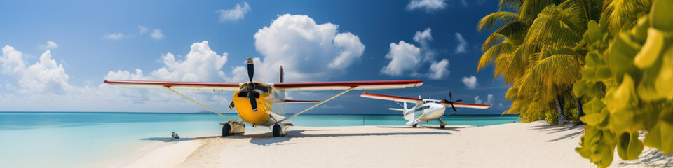 Turquoise sea, Private plane stands on the coastal strip. White sand and palm trees, Sun, very beautiful nature. banner, copyspace .generative AI