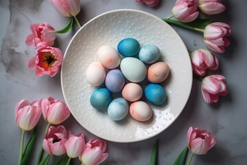 Obraz na płótnie Canvas Painted blue and pink Easter eggs on a porcelain dish, linen towel and pink tulips on a concrete background. Exquisite Easter decor with copy space. Photorealistic illustration generated by AI.
