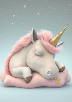 Ilustración IA de unicornio baby con creta rosa y cuerno dorado, durmiendo sobre una almohada rosa  con el fondo de un cielo estrellado. Ilustración para portada, poster para habitación de niños 