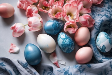 Obraz premium Blue Easter eggs painted through cotton fabric, linen towel and pink tulips. Exquisite Easter decor. Photorealistic illustration generative AI.