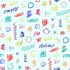 Small bright colorful multi-colored doodles isolated on a white checkered notebook background. Cute seamless pattern. Vector simple flat graphic hand drawn illustration. Texture.