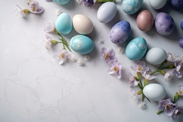 Fototapeta na wymiar Painted blue and purple Easter eggs on a marble table and lilac flowers. Exquisite Easter decor with copy space. Photorealistic illustration generated by AI.