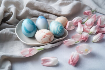 Fototapeta na wymiar Painted blue and pink Easter eggs on a porcelain dish, linen towel and pink tulips. Exquisite Easter decor. Photorealistic illustration generated by AI.