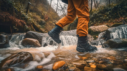 Hiker man in orange pants crossing a river on stones, view of legs