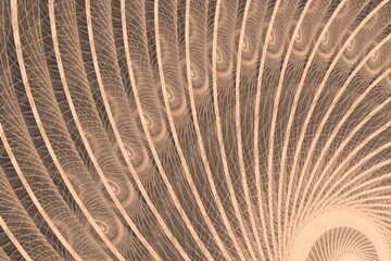 Orange fan swirling pattern of crooked waves on a black background. Abstract fractal 3D rendering
