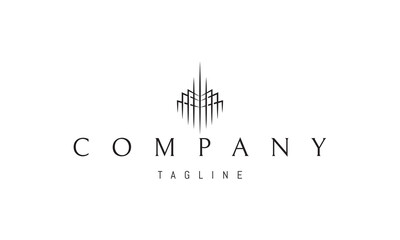 Vector logo on which an abstract image of a building with columns in the shape of the letter M.