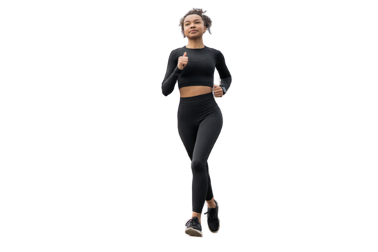 Woman jogging running fitness exercises, transparent background, isolated person.
