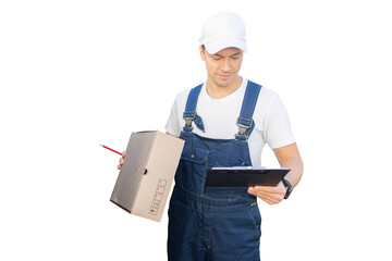 The courier driver is a man in uniform working for a delivery company, transparent background, isolated person.
