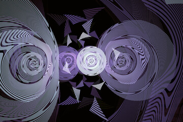 Purple pattern of curved shapes and waves on a black background. Abstract fractal 3D rendering