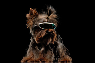 cool yorkshire terrier dog wearing sky glasses and looking to side