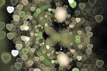 Green blurred pattern of small hearts on a black background. Abstract fractal 3D rendering