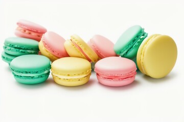 Obraz premium Colourful french macaroons or macaron on white background, generative AI.