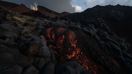 The dramatic contrast between the dark, jagged rocks of the volcano and the soft, flowing curves of the molten lava as it spills down the side of the mountain. Generative AI