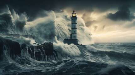 A lighthouse standing tall in the face of a raging storm Generative AI - obrazy, fototapety, plakaty