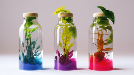 colorful plants in glass bottles with light background