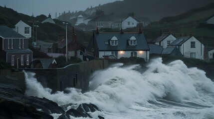 A seaside village being battered by a fierce storm and giant waves Generative AI