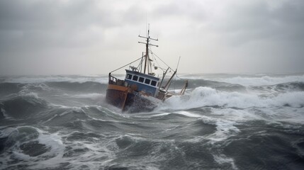 Obraz premium A fishing boat struggling to stay afloat amid the roiling sea and driving rain Generative AI