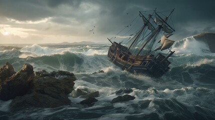 Obraz premium A shipwrecked vessel tossed upon jagged rocks in the midst of a stormy sea Generative AI