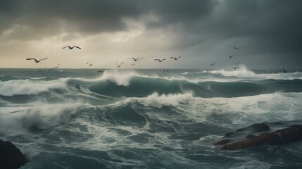 A flock of pelicans soaring through the stormy skies above the ocean waves Generative AI