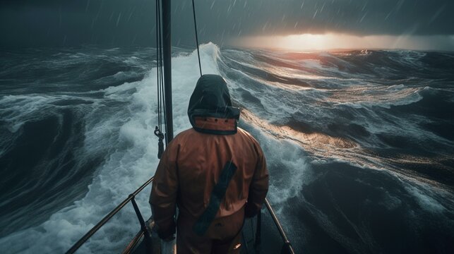 A solitary sailor bravely navigating treacherous waters during a tempest Generative AI