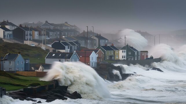 A seaside village being battered by a fierce storm and giant waves Generative AI