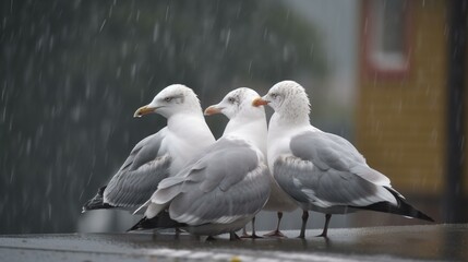 A family of seagulls huddled together amidst the driving rain and gusty winds Generative AI