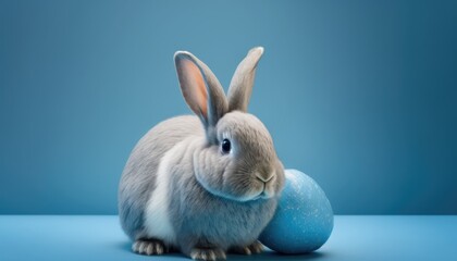 Easter grey bunny with blue painted egg against blue background, isolated 