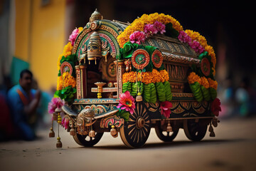 AI generated Traditional balinese wooden carriages decorated with flowers and garlands