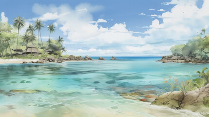 Fototapeta na wymiar Realistic illustration of a tropical paradise beach with crystal-clear waters and palm trees. Generative AI
