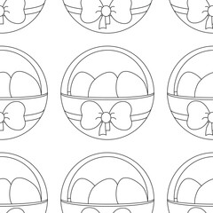 Easter pattern with basket with colored eggs and bow.